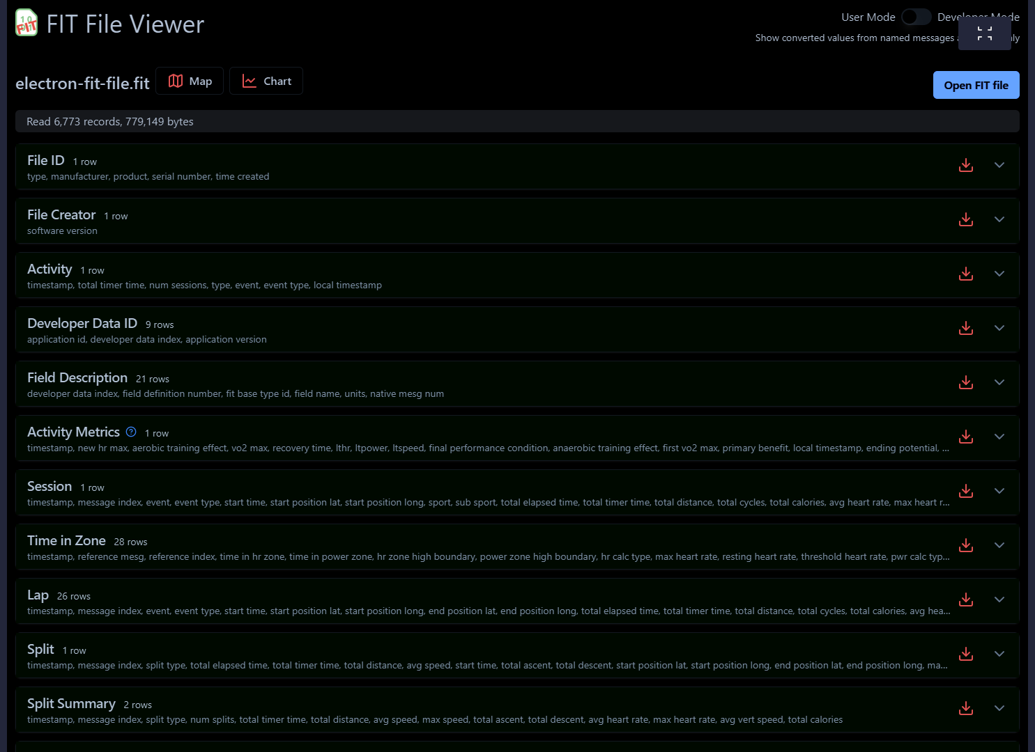 FitFileViewer data table screenshot